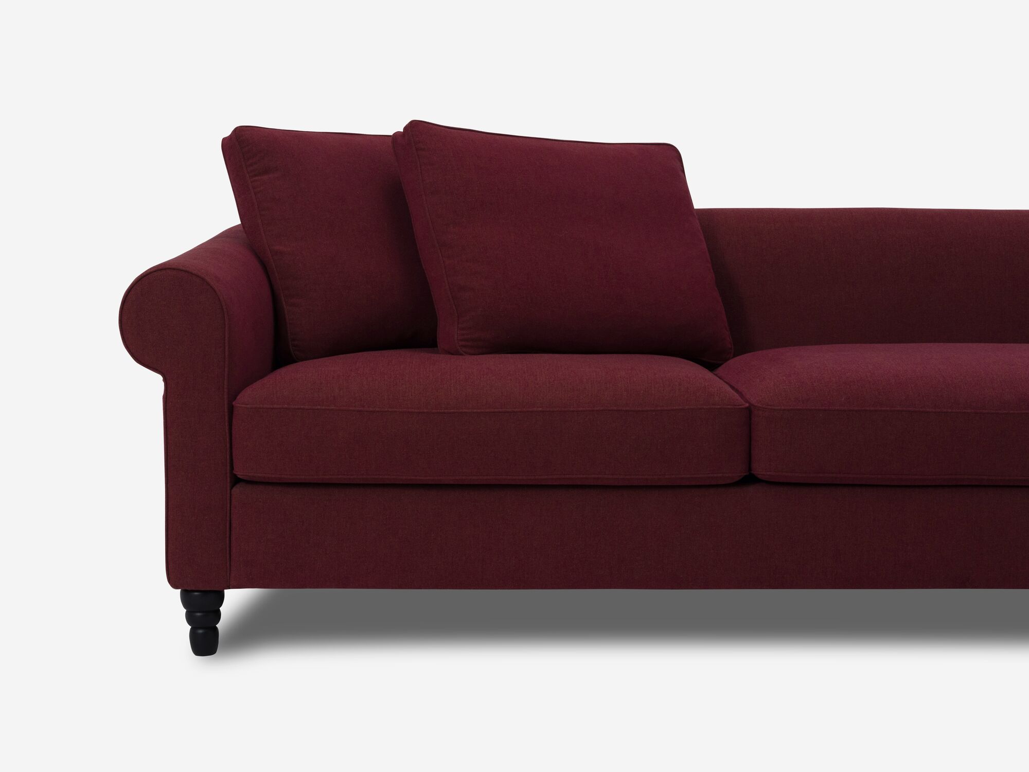 Deep red modern sectional sofa arm detail view